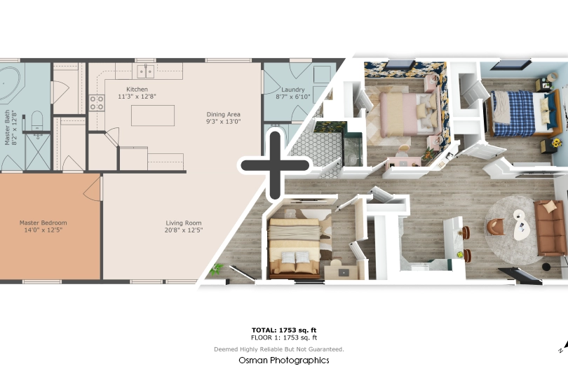 Split-screen graphic showing a 2D architectural floor plan with room dimensions on the left side, transitioning into a fully furnished 3D rendering of the same home layout on the right. Floor plans captured and created by Osman Photographics.